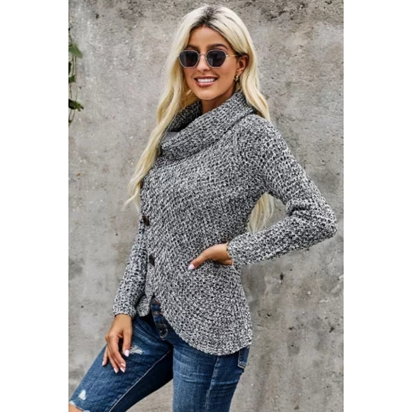 LAST ONE! Plus Size GRACELYN Gray Button Wrap Long Sleeve Sweater - Picture 5 of 6
